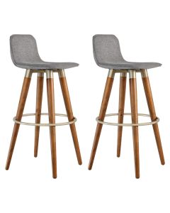 Kit 2 Banquetas Altas Luxo Versatil Aço Champanhe Linho Cinza Base Carvalho 