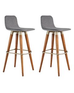 Kit 2 Banquetas Altas Luxo Linea Aço Champanhe Linho Cinza Base Carvalho 