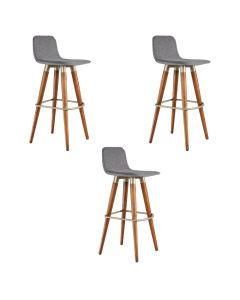 Kit 3 Banquetas Altas Luxo Linea Aço Champanhe Linho Cinza Base Carvalho 