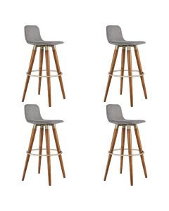 Kit 4 Banquetas Altas Luxo Versatil Aço Champanhe Linho Cinza Base Carvalho 