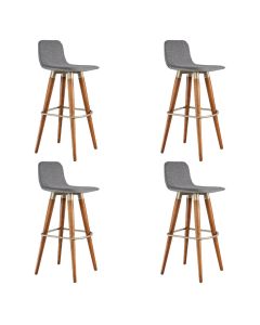 Kit 4 Banquetas Altas Luxo Linea Aço Champanhe Linho Cinza Base Carvalho 