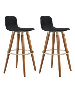 Kit 2 Banquetas Altas Luxo Versatil Aço Champanhe Linho Preto Base Carvalho 