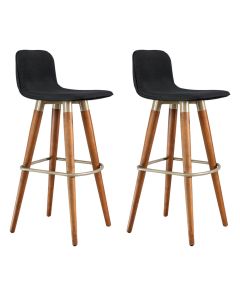 Kit 2 Banquetas Altas Luxo Linea Aço Champanhe Linho Preto Base Carvalho 