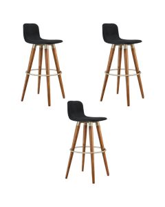 Kit 3 Banquetas Altas Luxo Versatil Aço Champanhe Linho Preto Base Carvalho 