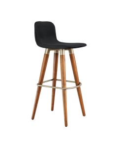 Banqueta Alta Luxo Linea Aço Champanhe Linho Preto Base Carvalho 