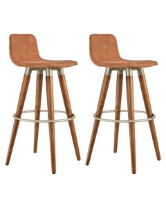 Kit 2 Banquetas Altas Luxo Versatil Aço Champanhe Linho Terracota Base Carvalho 