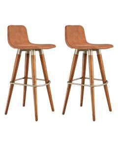 Kit 2 Banquetas Altas Luxo Linea Aço Champanhe Linho Terracota Base Carvalho 