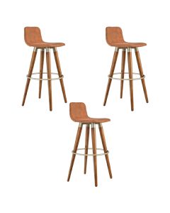 Kit 3 Banquetas Altas Luxo Versatil Aço Champanhe Linho Terracota Base Carvalho 