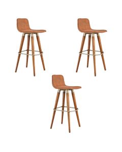 Kit 3 Banquetas Altas Luxo Linea Aço Champanhe Linho Terracota Base Carvalho 