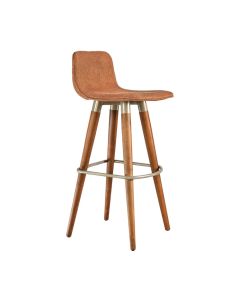 Banqueta Alta Luxo Linea Aço Champanhe Linho Terracota Base Carvalho 