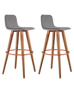 Kit 2 Banquetas Altas Luxo Versatil Aço Cobre Linho Cinza Base Carvalho