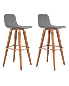 Kit 2 Banquetas Altas Luxo Linea Aço Cobre Linho Cinza Base Carvalho