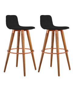 Kit 2 Banquetas Altas Luxo Versatil Aço Cobre Linho Preto Base Carvalho