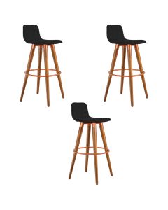 Kit 3 Banquetas Altas Luxo Versatil Aço Cobre Linho Preto Base Carvalho