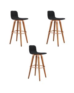 Kit 3 Banquetas Altas Luxo Linea Aço Cobre Linho Preto Base Carvalho