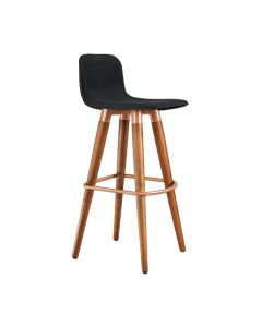 Banqueta Alta Luxo Linea Aço Cobre Linho Preto Base Carvalho