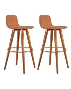 Kit 2 Banquetas Altas Luxo Versatil Aço Cobre Linho Terracota Base Carvalho