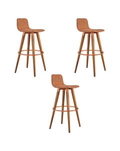 Kit 3 Banquetas Altas Luxo Versatil Aço Cobre Linho Terracota Base Carvalho