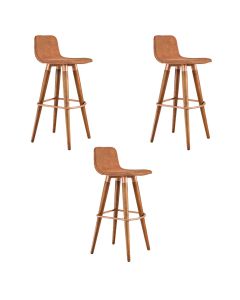 Kit 3 Banquetas Altas Luxo Linea Aço Cobre Linho Terracota Base Carvalho