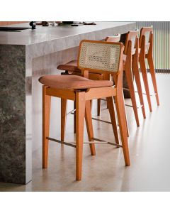 Banqueta Alta Area Gourmet Tela Palha Madeira Maciça Apoio de Pés Aço Champagne Onix Linho Terracota