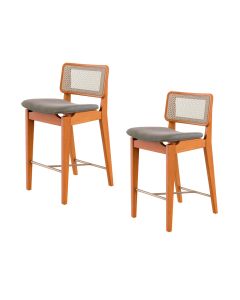 Kit 2 Banquetas em Madeira Maciça Telinha Indiana Apoio de Pés em Aço Champagne Onix Chenille Verde