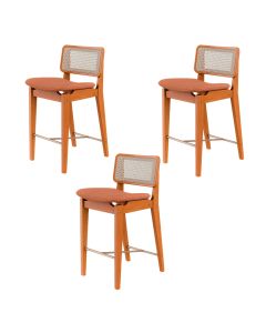 Kit 3 Banquetas em Madeira Maciça Telinha Indiana Apoio de Pés em Aço Champagne Onix Linho Terracota