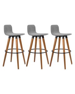 Kit 3 Banquetas Altas Luxo Versatil Aço Preto Linho Cinza Base Carvalho