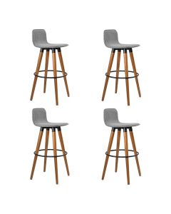 Kit 4 Banquetas Altas Luxo Versatil Aço Preto Linho Cinza Base Carvalho