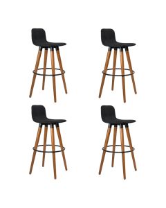 Kit 4 Banquetas Altas Luxo Versatil Aço Preto Linho Preto Base Carvalho